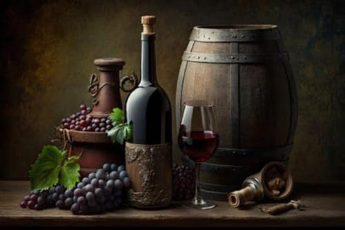Acryl-Bild 140 x 90 cm: Rotwein, eine Flasche, EIN Glas und EIN antikes Fass EIN Stillleben. Generative KI (200376486)