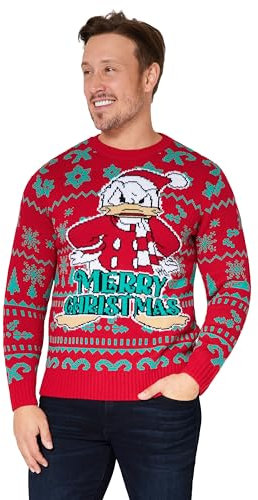 Disney Mens Christmas Jumper Crew Neck with Long Sleeves, Warm Cosy Xmas Jumper - Gifts for Men (Red Donald, 2XL)