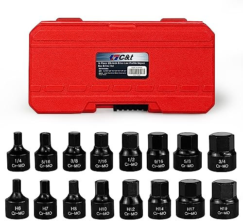 C&T 16-teiliges Schlagschrauber-Set, 3/8-Zoll-Antrieb, niedriges Profil, SAE/metrisch, 1/4 Zoll – 3/4 Zoll, 6 mm – 19 mm, Cr-Mo Stahl, Sechskant-Bit-Steckschlüssel-Set, robuster Aufbewahrungskoffer