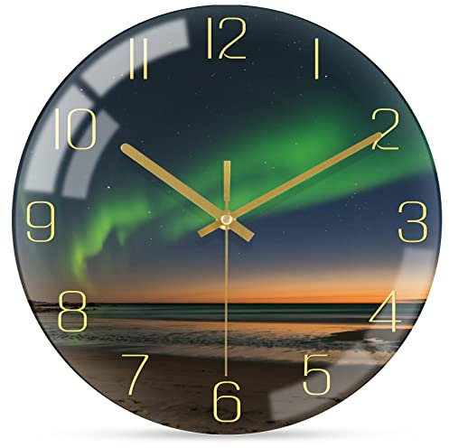 WONZOM 12 Inch Modern Wall Clock, Aesthetic Black and Gold Decor Accessories, Unusual Silent Non Ticking Aurora Clocks for Living Room/Kitchen/Bedroom/Bathroom/Office (Glass)