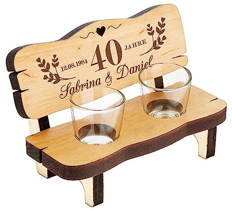 Casa Vivente Schnapsbank aus Holz mit 2 Gläser und Gravur zur Rubinhochzeit, Personalisiertes Hochzeitsgeschenk für Paare, Auszeichnung zum 40. Hochzeitstag, 40 Hochzeitsjubiläum