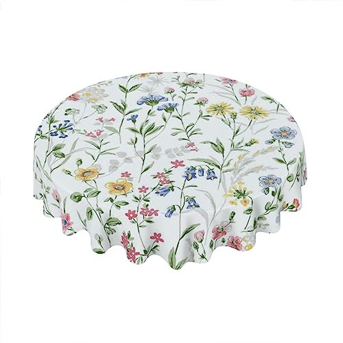 Blaue gelbe Tischdecke mit Blumenmuster, rund, 152,4 cm, Frühling, rustikal, salbeigrün, Blatt, Blume, dekorative Tischdecke mit knitterfreier Tischdecke für Zuhause, Küche, Esstisch, Outdoor, Party,