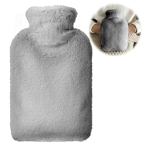 OVOOKER Borsa Acqua Calda con Coperchio Morbid in Peluche - Bottiglia d'acqua Calda da 2L a Prova di Perdite con Tasca a Canguro, Borse Calde per Bambini e Adulti, Fornire Calore e Comfort, Grigio