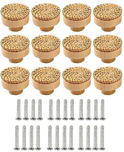 Tiradores de Madera Ratán - 12 Piezas Pomos Con Tornillos 25mm/30mm - Para Muebles, Armarios, Cajones, Salón 40mm