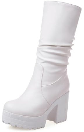 MRKEWUNEY Donna Platform Chunky Heel Mid Calf Stivaletti Stivali Slouch per donne Mid Top Zip Punk Stivali Pull On Stretch Metà Stivaletti Fancy Festa Scarpe White size 33