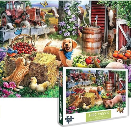 Puzzle 1000 Teile Glücklicher Bauernhof, Kleiner Hund und Bauernhof Tiere der Versteckspiel spielt, kreatives Puzzl, für Erwachsene und Kinder ab 14 Jahren