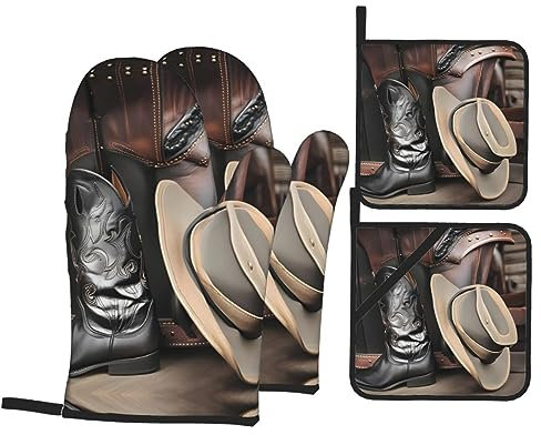 YYHHAOFA Set di quattro pezzi con cappello da cowboy, stivali western, guanti da forno isolati e presine, spessi e resistenti