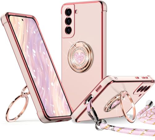 XYZ Coque pour Samsung Galaxy S22, avec Double Anneau de Support Cœur, avec Lanière pour Filles et Femmes, Coque de Protection Luxe Mignonne et Scintillante pour Samsung S22, Rose
