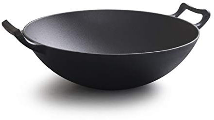 TANZEM Iron Pot 32cm/36cm Thickened cast Iron stew pan uncoated Non-Stick pan Round Bottom Wok with Two Handles (Diameter 32cm)