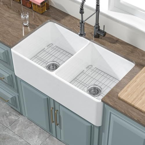 HOMLYLINK White Farmhouse Sink Double Bowl 33 x 18 Inch, Firecaly Apron Front Undermount Farm Sink, with Accessories 2 Types, Reversible (Sleek & Fluted Optional), Pure White, for Kitchen