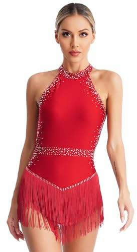 Maillot de Danza Ballet para Mujer Vestido Patinaje Artístico de sin Manga Leotardo Gimnasia con Pedrería Brillante Maillot de Baile Latino Dancewear S-3XL