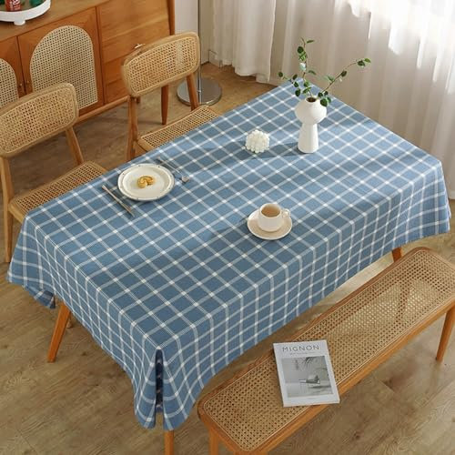 Tischdecke Landhausstil Vintage, Baumwolle Leinen Kariert Tischtuch für Küche, Picknick, Tischdekoration, Blau, Blau, 90 x 90 cm