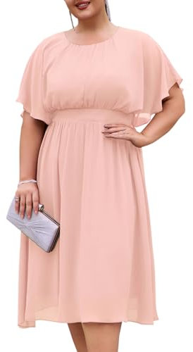 Hanna Nikole Robe en mousseline de soie pour femme, grande taille, longueur genou, robe trapèze à manches volantées, rose clair, 48 plus