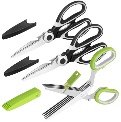Vutyvve Küchenschere, Mehrzweckschere für Fleisch und Geflügel, mehrschneidige Schere, Edelstahlklingen, 2 schwarze Küchenscheren, 1 grüne, 3-teiliges Set