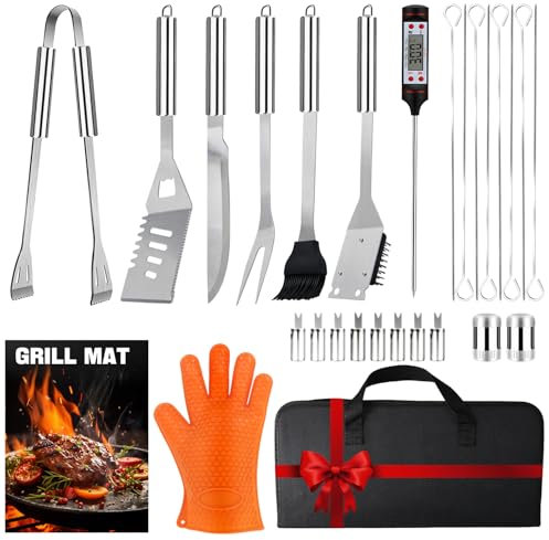 28PCS Stainless Steel BBQ Asccessories Tools Set, Practical Outdoor Grilling Utensils with Portable Case, Complete Barbecue Kit, for Men and Dads for Camping, Picnics, Cooking