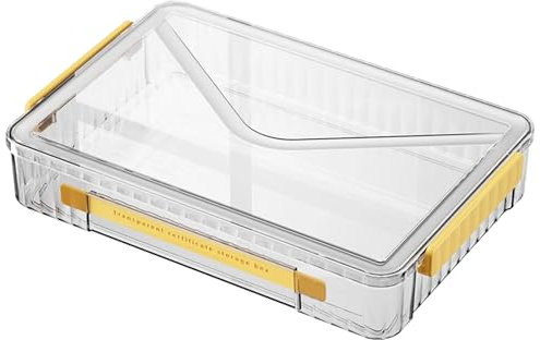 VANRA Clear File Storage Box with Latching Lids Stackable Project Case Organizer Plastic Stacking File System Office Magazine Storage Bin School Supplies Container Portable with Handle (1 Yellow, L)