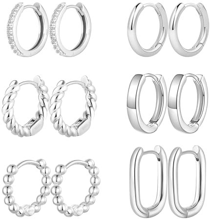 jagosen 6 Pairs Sterling Silver Hoops Earrings For Women Hypoallergenic Chunky Silver Huggies Hoop Earrings Set For Women Lightweight Silver Plated Statement Cartilage Stackable Earrings