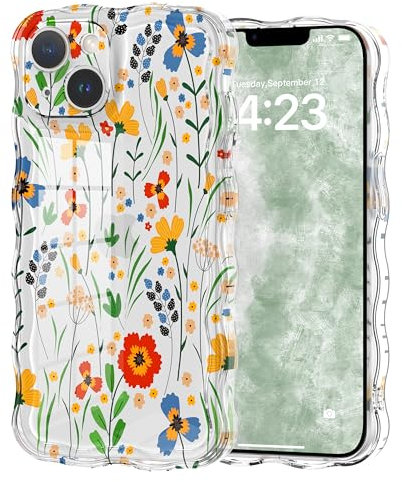 Micoden Cute Curly Wave Case for iPhone 13,Clear with Anti-Yellowing Flower Floral,Soft TPU Slim Bumper Shockproof Anti-Scratch Protective Wavy Cover for Girls Women-Orange