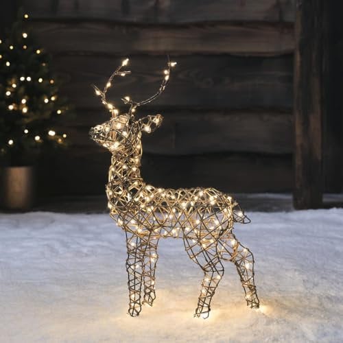Lights4fun 56cm Studley LED Rattan Hirsch Rentier Figur Timer Weihnachtsbeleuchtung Außen und Innen Weihnachtsfigur Rentier Balkon Deko