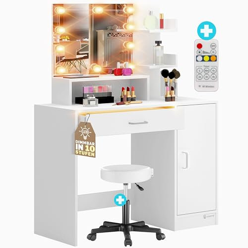 Casaria® Schminktisch mit Spiegel und Hocker inkl. LED Beleuchtung Schrank Schublade Regale Kosmetiktisch Make-up Fernbedienung 90x40cm Holz Weiß