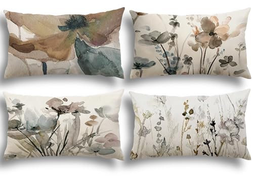 YCOLL Blumen Kissenbezug 40x60 4er Set Kissenhülle Leinen Sofakissen Moderne Abstrakte Blumen Aquarellmalerei Dekokissen für Sofa Schlafzimmer Couch Outdoor Kissenbezüge 40x60 A090