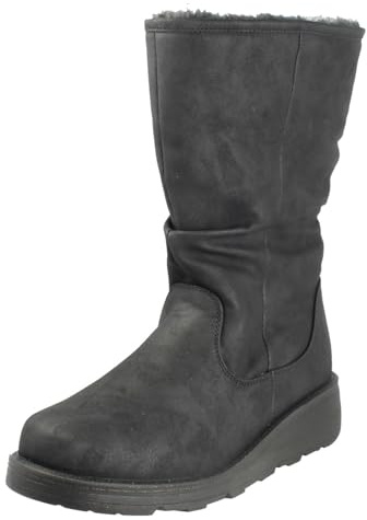 Spot On Ladies Fur Lined Zip Up Wide Fit Wedge Heel Mid Calf Boots F4466