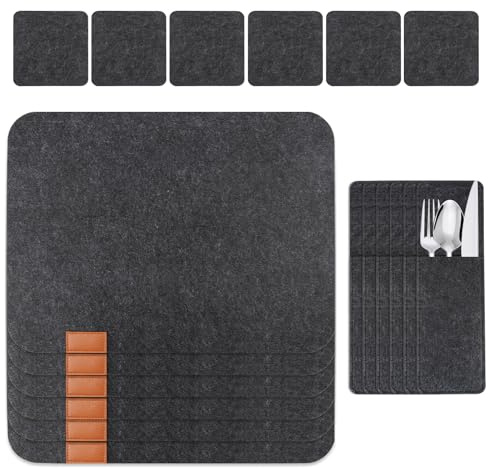 Beylce 18er Set Tischsets Platzsets Abwaschbar,Telleruntersetzer, Filzset, Platzdeckchen Mit 6 Tischsets, 6 Glasuntersetzer, 6 Bestecktaschen (Dunkelgrau, Eckig)