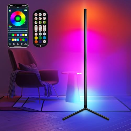 Rosnek LED Stehlampe Wohnzimmer, 125cm RGB Standleuchte Dimmbar mit Fernbedienung & APP-Steuerung, 16 Millionen Farben, Musik Sync, Ecklampe für Wohnzimmer, Schlafzimmer, Gaming Schwarz