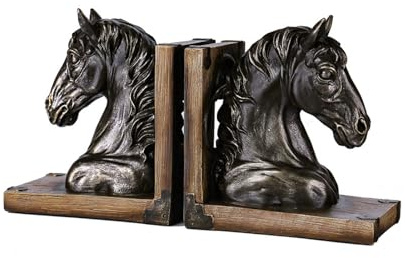 Serre-livres décoratifs uniques en résine en forme de tête de cheval - Sculpture de livre de cheval - Support pour étagères - Décoration d'intérieur, de bureau (bronze)