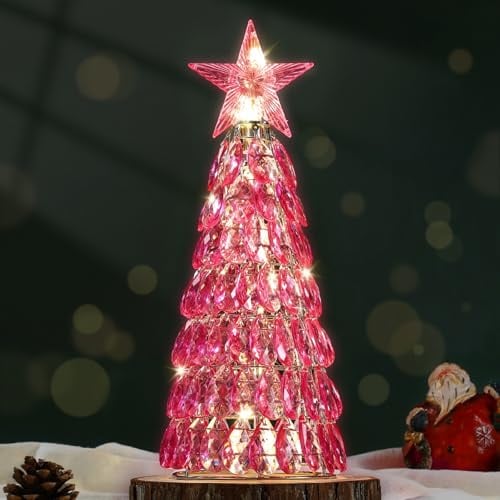 Lewondr Kristall Weihnachtsbaum Licht, Batteriebetriebenes Nachtlicht, Weihnachtliche Tischlampe, Weihnachts-Ornament & Dekoration, Pinker Kristall