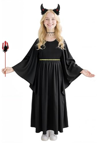 AYBUY Devil Costume for Girls, Black Angel Costume with Necklace, Devil Horns Headband and Wand Dark Angel Demon Dress Up for Fancy Dress, Halloween, Cosplay