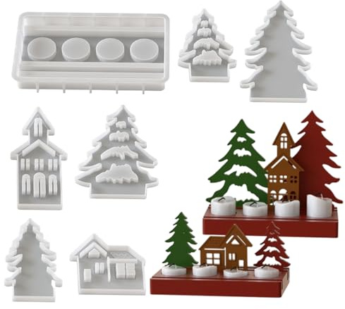 Lot de 7 moules en silicone en forme de village de Noël pour bougie chauffe-plat, moules en résine pour sapin de Noël, loisirs créatifs