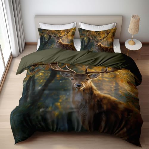 Generisch Wildtiere Hirsch Bettwäsche-Set 135 x 200 cm für Kinder Jugendliche Erwachsene, Dekorativ Grün Modern Natur Wald Tier Elch Bettbezug mit Reißverschluss, weich und kuschelig knitterfrei