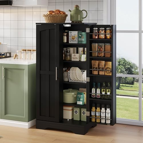 BTM Küchenschrank mit LED-Sensorlicht Kitchen Cabinet Großer Aufbewahrungsschrank mit Verstellbaren Regalböden Schwarz