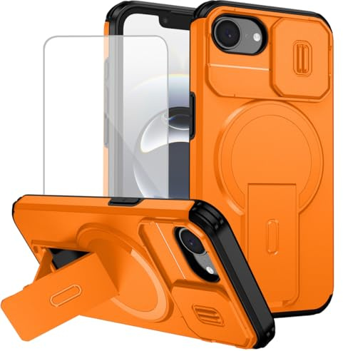 Tothedu Coque pour iPhone 16E / iPhone SE 4 avec protection d'écran en verre trempé, compatible avec MagSafe, housse d'appareil photo, béquille pour iPhone 16E Orange