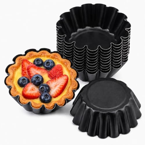 maykawe 12er Pack Mini Tartelette Förmchen,6.35 cm/2.5 in Ei Torte Form aus Kohlenstoffstahl,Wiederverwendbare Eier Kuchenform,Antihafte Metall Klein Torteletts,für Pudding, Kuchen, Cupcake, Muffin