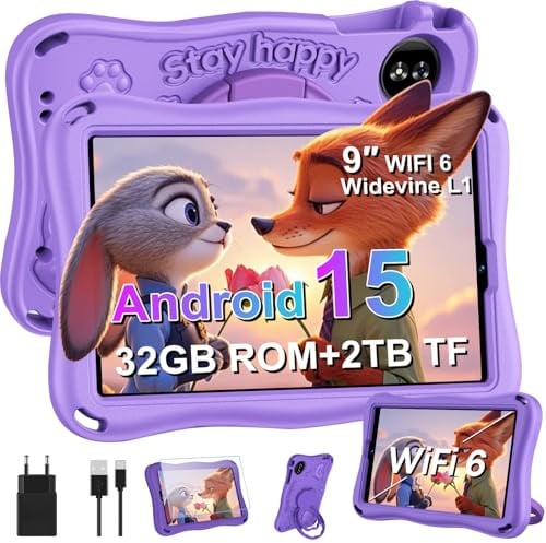 SUAAT 2026 Tablet per Bambini 9 Pollici Android 15 con 32GB ROM+TF 2TB, 5G WiFi, Gemini AI, Octa-Core, Widevine L1, GPS, Face ID, Protezione per Bambini, 1340 * 800, 5000mAh, BT 5.0, Tablet per
