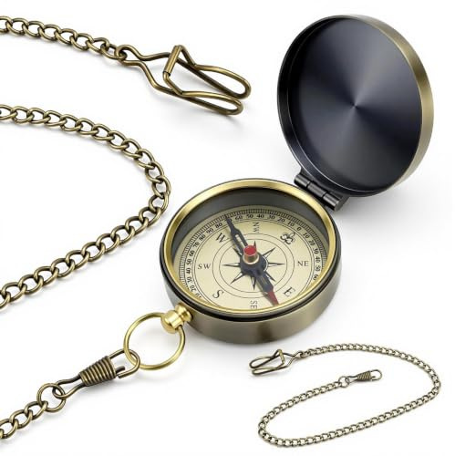 KXVXXV Goldene Kompass Outdoor Messing Mini Kompass Kaufen 6 * 5 * 1.6cm | Compass Vintage mit 36 cm Kette Wasserdicht Tragbar Taschenkompass für Wandern Outdoor Camping