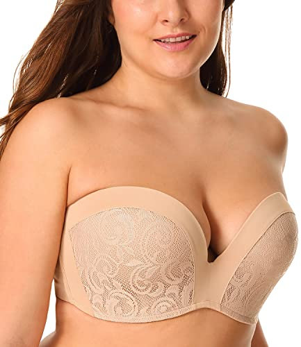 Delimira Women's Strapless Bra Padded Push Up Underwired Support Lift Plus Size Lace Bandeau Bra Beige 36F