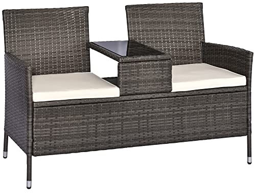 Outsunny Banc de Jardin Design Contemporain 133L x 63l x 84H cm Banc Double Chaise avec Coussins Assise + Tablette intégrée résine tressée Grise Polyester crème