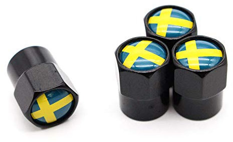 Schweden Nationalflagge Reifen Ventil Staubkappen Staubdicht Reifen Kappe Ventilschaftkappen für Autos, 4 Teile/Satz (Schwarz)