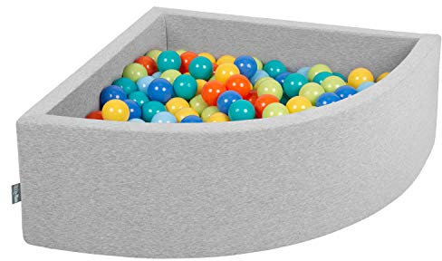 KiddyMoon Viertel Eckig Bällebad Bällepool 90X30cm/300 Bälle ∅ 7Cm Ballgruben Für Babys Spielbad Kleinkinder, Hergestellt In Der EU, Hellgrau:Hgrün/Orange/Türkis/Blau/Babyblau/Gelb