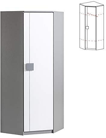 Furniture24 Eckkleiderschrank Gumi G7 Eckschrank mit Kleiderstange und 2 Einlegeboden, 1 Türiger Drehtürenschrank für Jugendzimmer (Anthrazite/Brillant Weiß)