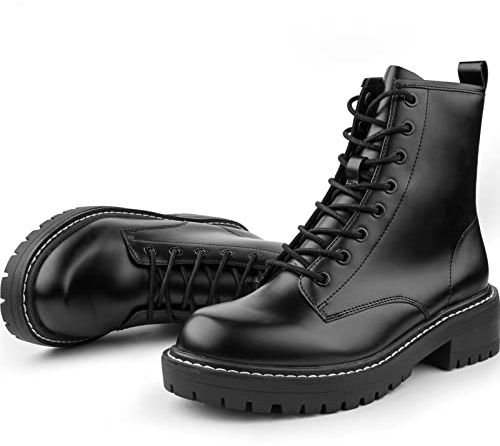 ICHIGO Women’s Ankle Booties 8-Eye Side Zipper Lace-up Combat Boots Black 7