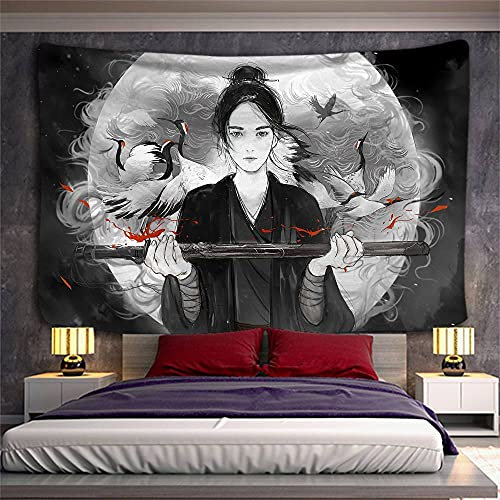 Tapiz De Pared,Grulla Mujer Guerrera Tapiz De Japón Tapiz De Impresión De Arte Tapiz para Colgar En La Pared Fondo De Tela Decoración para El Hogar Tapiz Japonés para El Hogar 150 Cm X 200 Cm