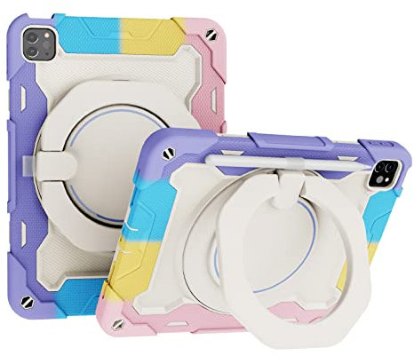 Blllue Hülle für iPad Air 4 10,9 Zoll 2020/iPad Pro 11 2018/2020/2021, 360 Drehbarer Kickstand Silikon Armor Grip Griff Klappständer Cover Bunt Rosa