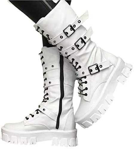 ORANDESIGNE Donne Punta Rotonda Stivali Lunghi Tacco Grosso Stivali con Piattaforma Moda Stivali da Cavaliere Goth Punk Scarpe da Festa Stivali da Motociclista J Bianco 40 EU