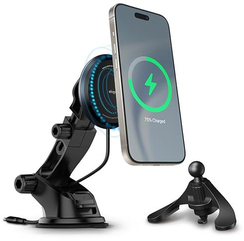 elago Magnetische Autoladehalterung Kompatibel mit MagSafe Kompatibel mit iPhone 14, 13, 12 Serie und Allen Anderen Drahtlosen Ladegeräten - Inklusive Magnetring, Zwei Befestigungsmöglichkeiten