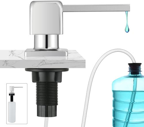 CREA Distributeur de Savon Encastrable, Distributeur Savon Liquide Encastrable avec Bouteille 500ML et Ensemble de rallonge de 1,0 m, Distributeur Savon Evier Cuisine Rotatif à 360°, Chrome