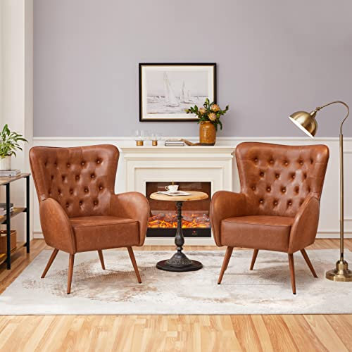 Yaheetech Armchair, Vintage Oversized PU Leather Accent Chair with Button Tufted High Back, Wood Grain Metal Legs for Living Room Bedroom Home Office Study, Brown, Set of 2